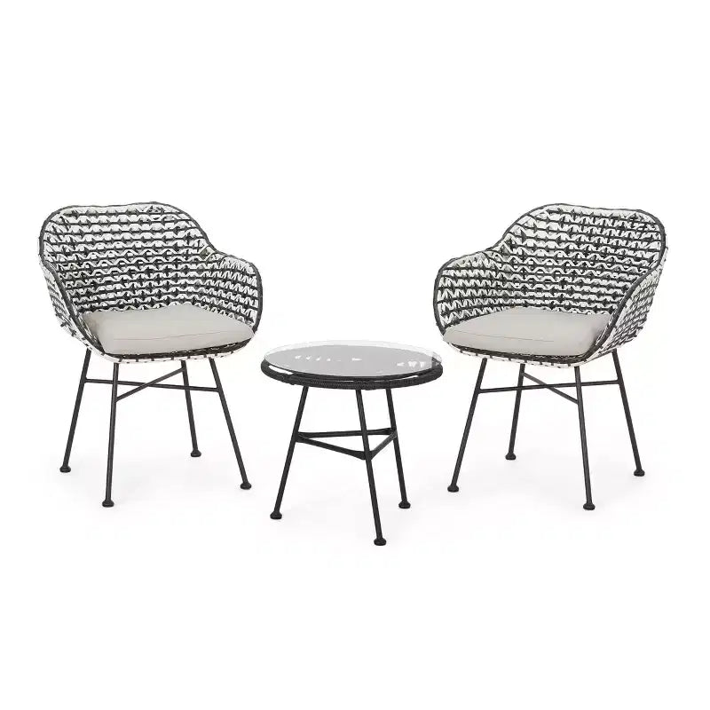GDFStudio Hardaway Outdoor Wicker and Iron 3 Piece Chat Set with Cushion