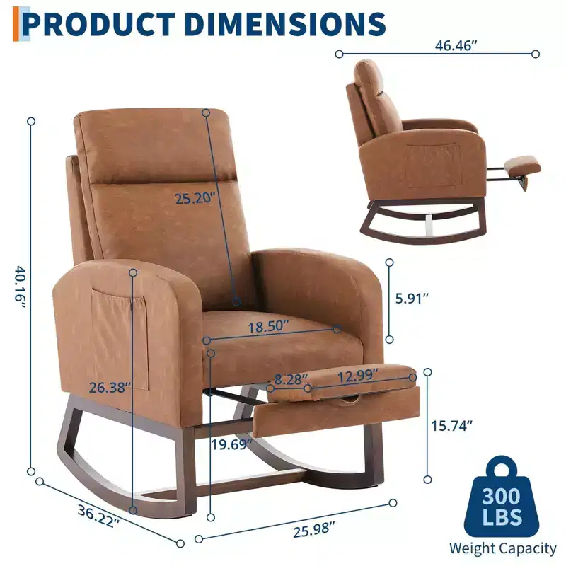2Pcs Rocking Chair, Upholstered Rocking Chair,High Back, Soft Bear Fabric, Adjustable Footrest, Glider Rocker for Living Room, Bedroom, Brown