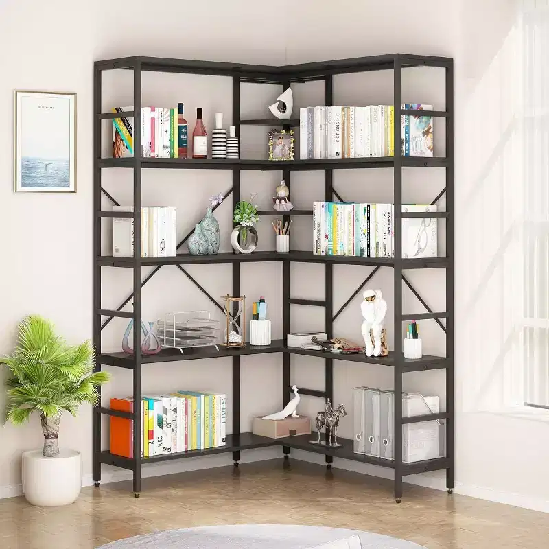 5-Tier Industrial L-Shaped Corner Bookcase with Metal Frame