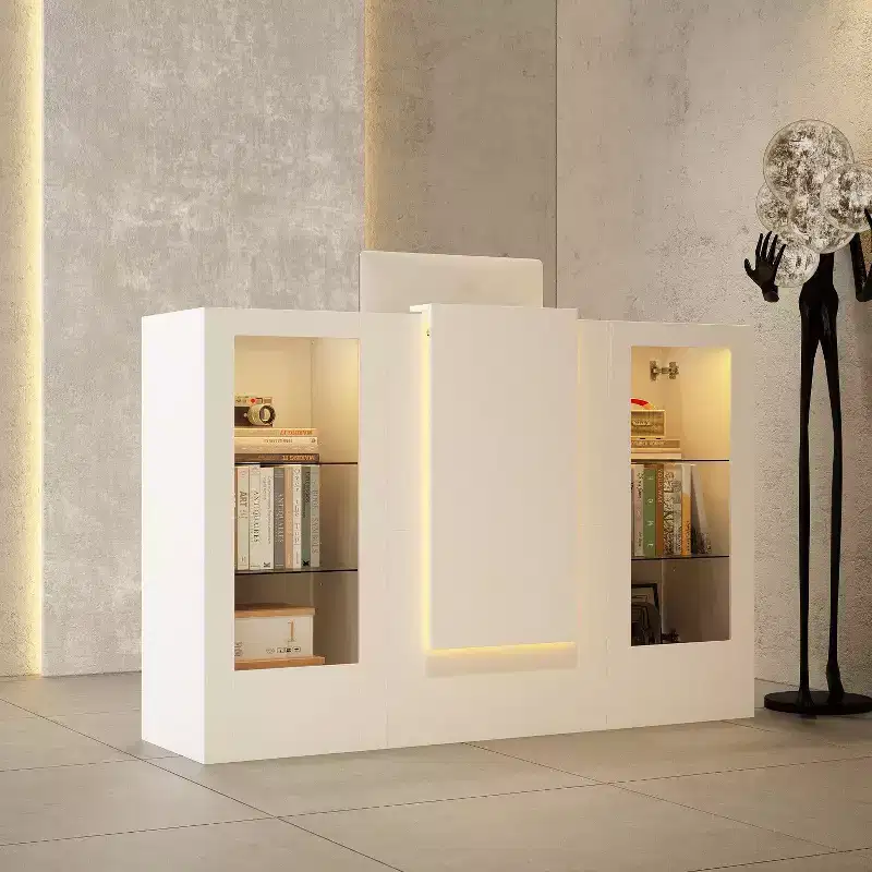 Famapy White Reception Desk Counter Table with Glass Display Shelves and LED
