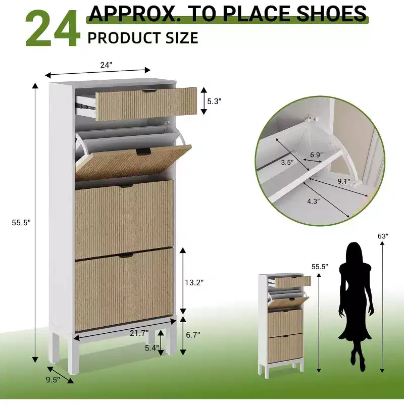 Black Oak / White Oak Narrow Shoe Cabinet, 3 Flip Drawers + 1 Storage Drawer, Holds 20 Pairs