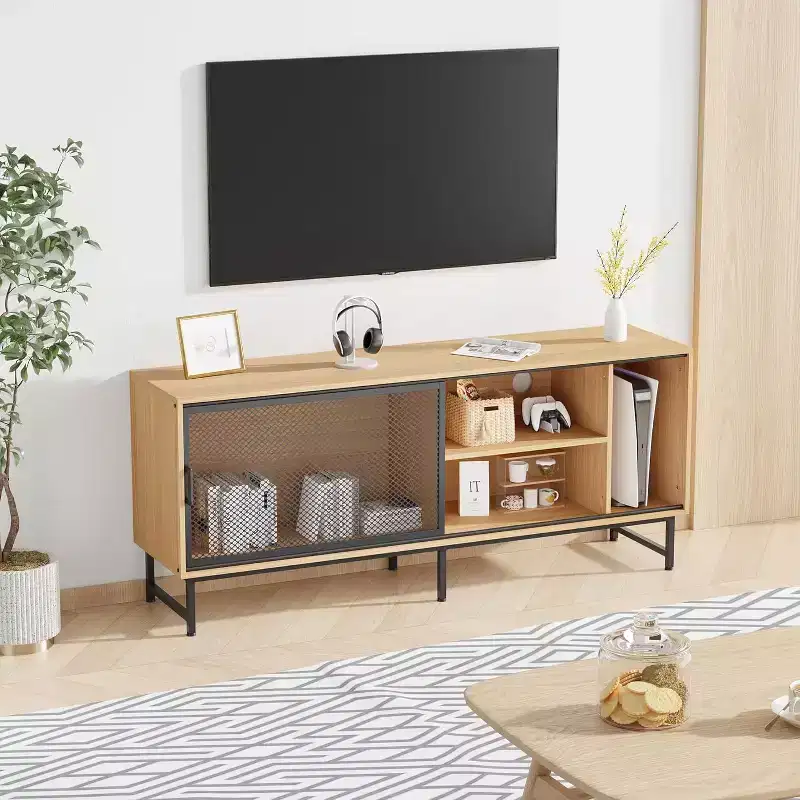 Industrial TV Stand with Mesh Sliding Doors and Wood Cabinet