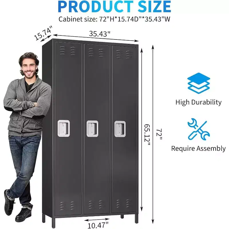 3-Door Metal Storage Locker with 9 Hooks, Heavy Duty Steel Locker for Gym, School, Office, Garage, Employee Locker Room, Home Organization, Black
