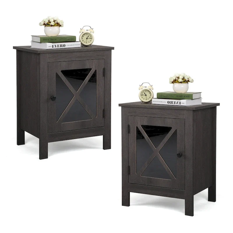 Set of 2 Industrial Nightstands with Glass Door - Brown / White / Natural / Grey