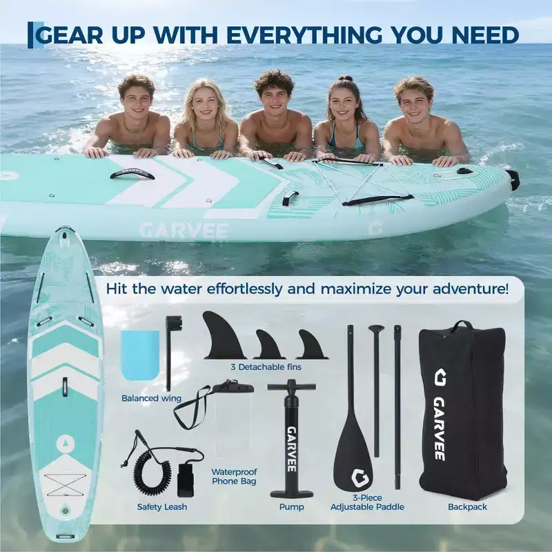 Superior Inflatable Upright Paddle Board 10'6 Military Grade PVC Wide Stable, Non-Slip Deck Tri-Fin, Lightweight, 450LB Capacity