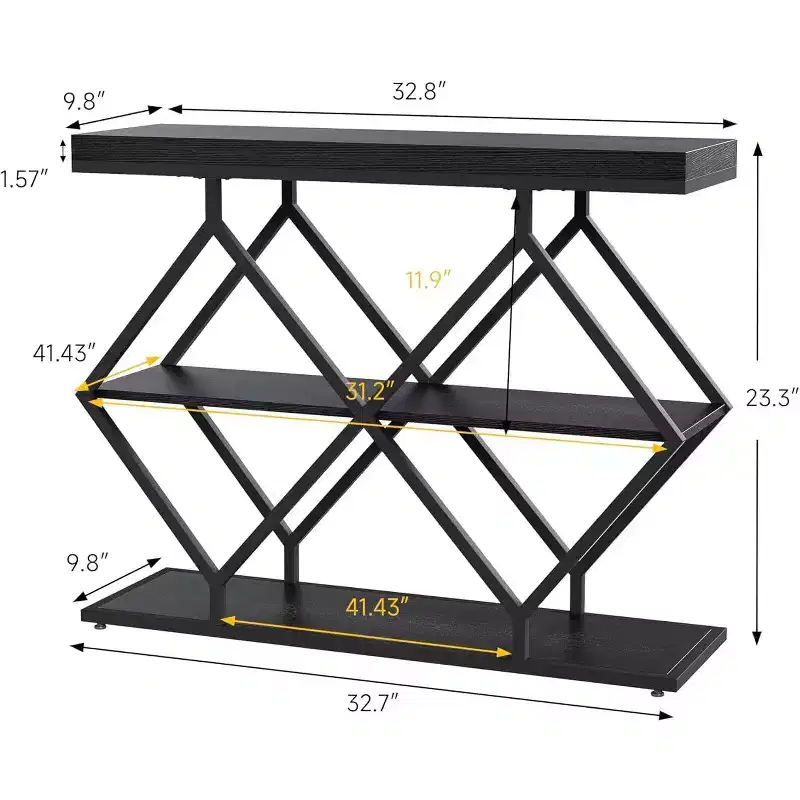 Acekool 3-Tier Industrial Entryway Table with Diamond Metal Frame, Storage Shelf for Hallway