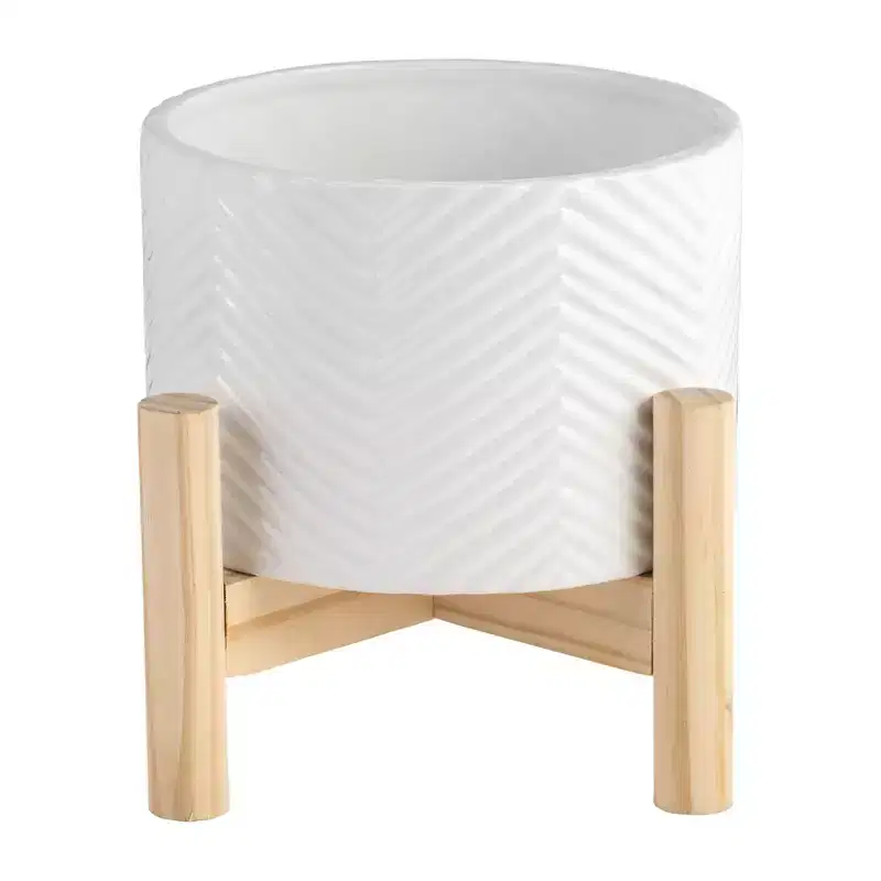 Okak 6IN Modern Plant Pots with Chevron Caving, Flower Pots with Cross Wooden Stand, Ceramic Pot for Indoor or Outdoor Tabletop, White