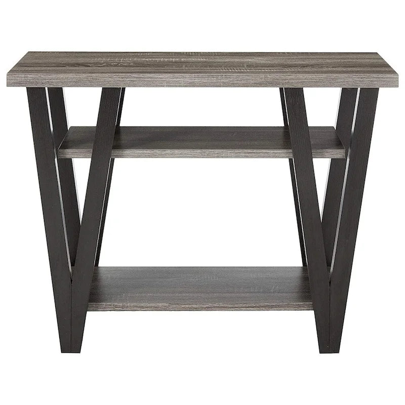 Zig-zag Contemporary Solid Wooden End Table With Bottom Shelf, Grey And Black