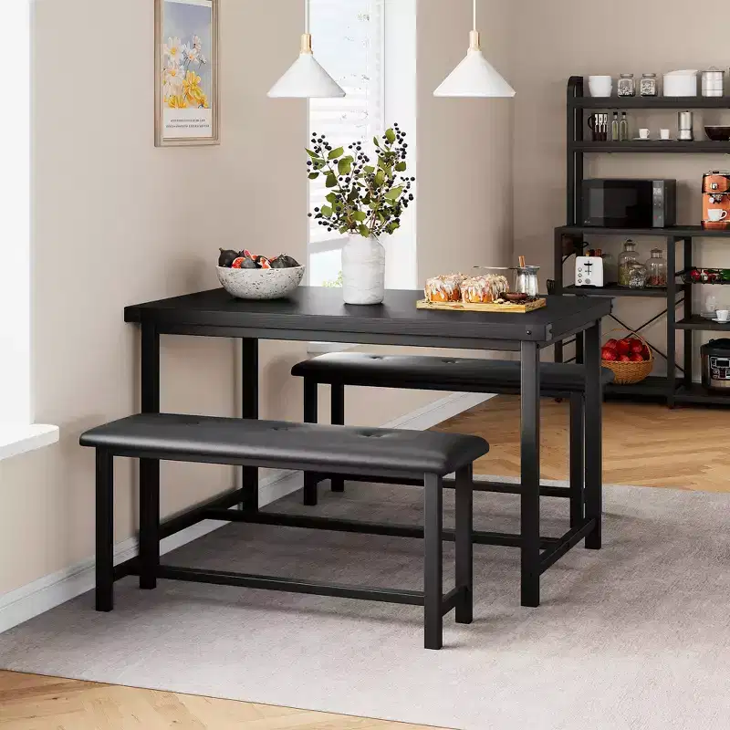 Dining Table Set for 4, Small Kitchen Table Set, Modern Industrial Wooden Kitchen Table, 2 Upholstered Bench, Metal Frame, for Living Room