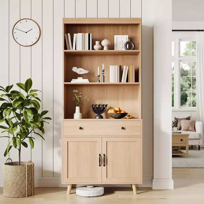 72.4 Freestanding Wooden Bookcase with Storage, Tall Bookshelf Featuring Doors & Drawers, Display Shelf for Living Room, Office, Bedroom, Kitchen