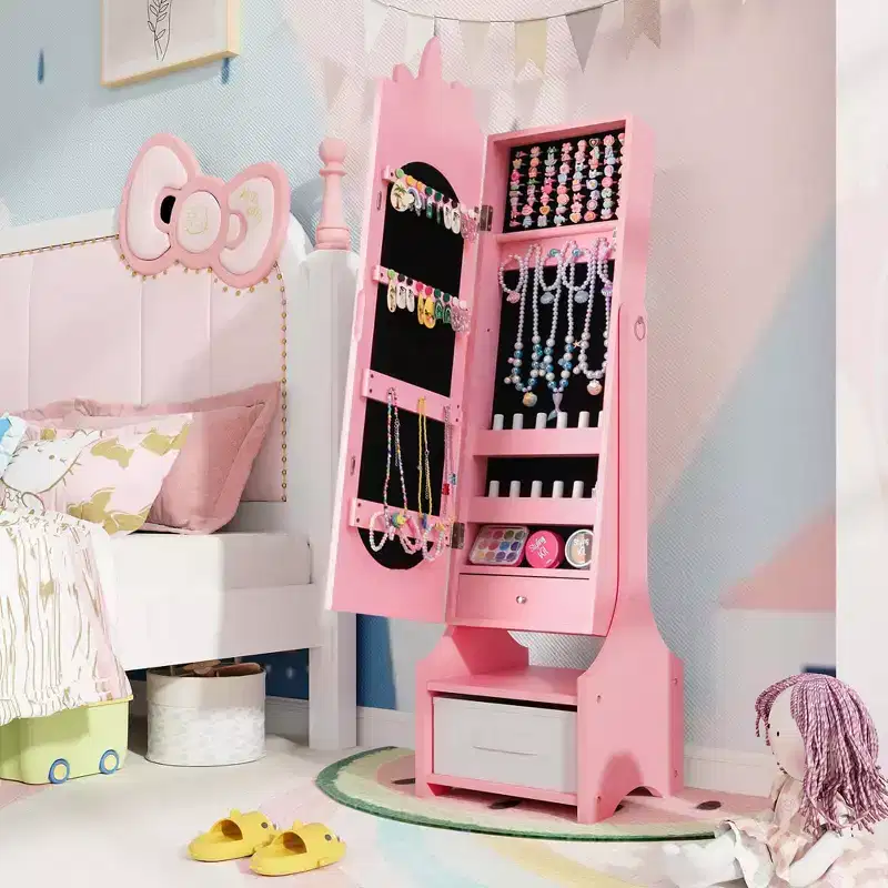 Costway Kids Vanity Set Princess Makeup Dressing Table & Chair Set with Kids Jewelry Armoire White/Pink