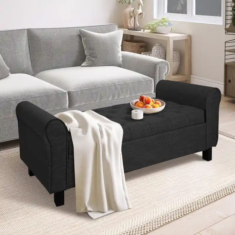 Velvet Ottoman Bench with Storage and Arms