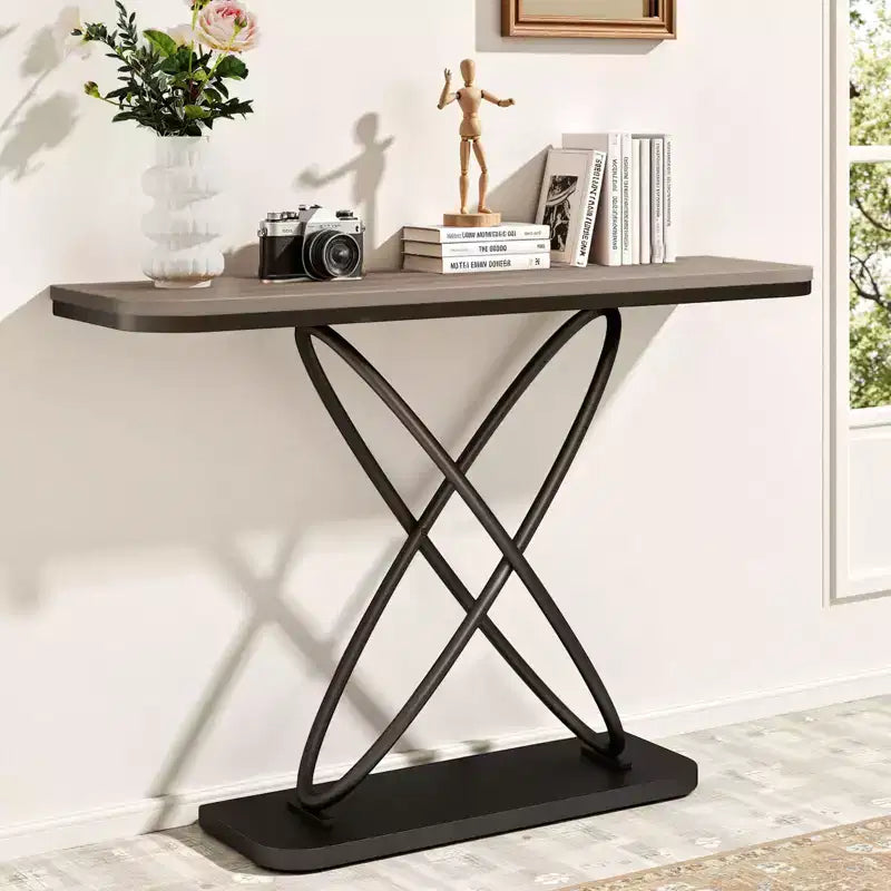 47.4 Farmhouse Console Table with Black Metal Frame �C Narrow Entryway Sofa Table