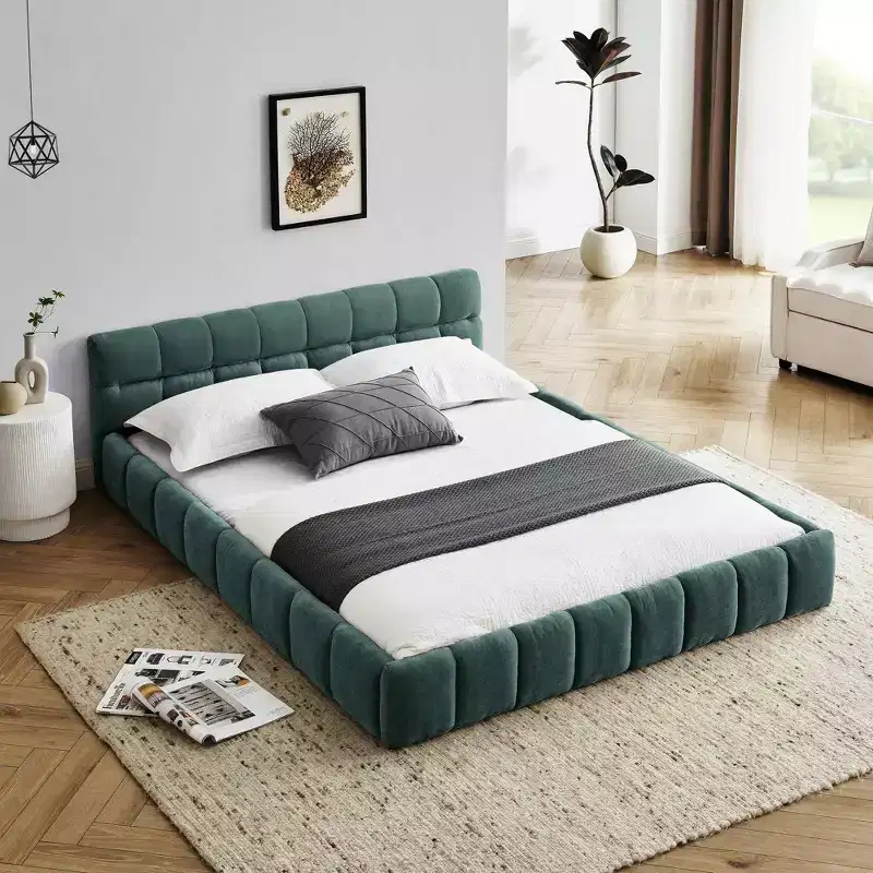 MAYEERTY Queen Size Upholstered Bed Frame with Thick Fabric with Headboard Solid Frame for Bedroom Blue