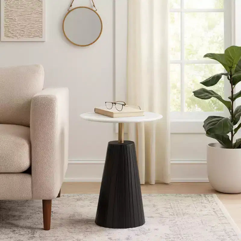 Timeless Marble Top End Table with Sleek Fluted Base Accent - Compact Small Side Table for Home, Covered Patio, or Living Room End Tables