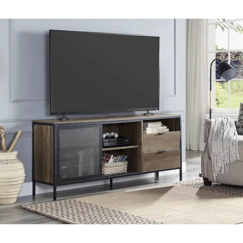 63-Inch Industrial TV Stand – Oak & Black, MDF & Metal Frame, Fits TVs up to 60 Inches