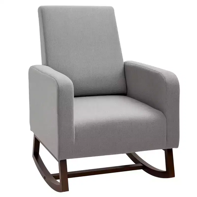Accent Lounge Rocking Chair with Solid Curved Wood Base and Linen Padded Seat