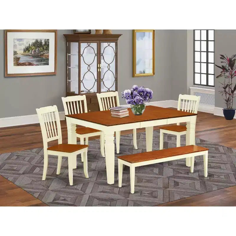Beachy Boho Dining Set - 6Pc Rectangular Table & 4 Chairs Plus Bench - 42/60 Inch