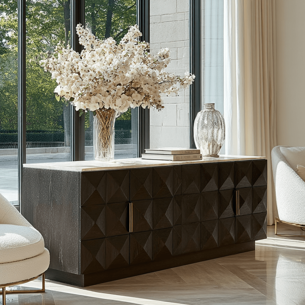 Deep Brown 4 Door Sideboard with Travertine Top