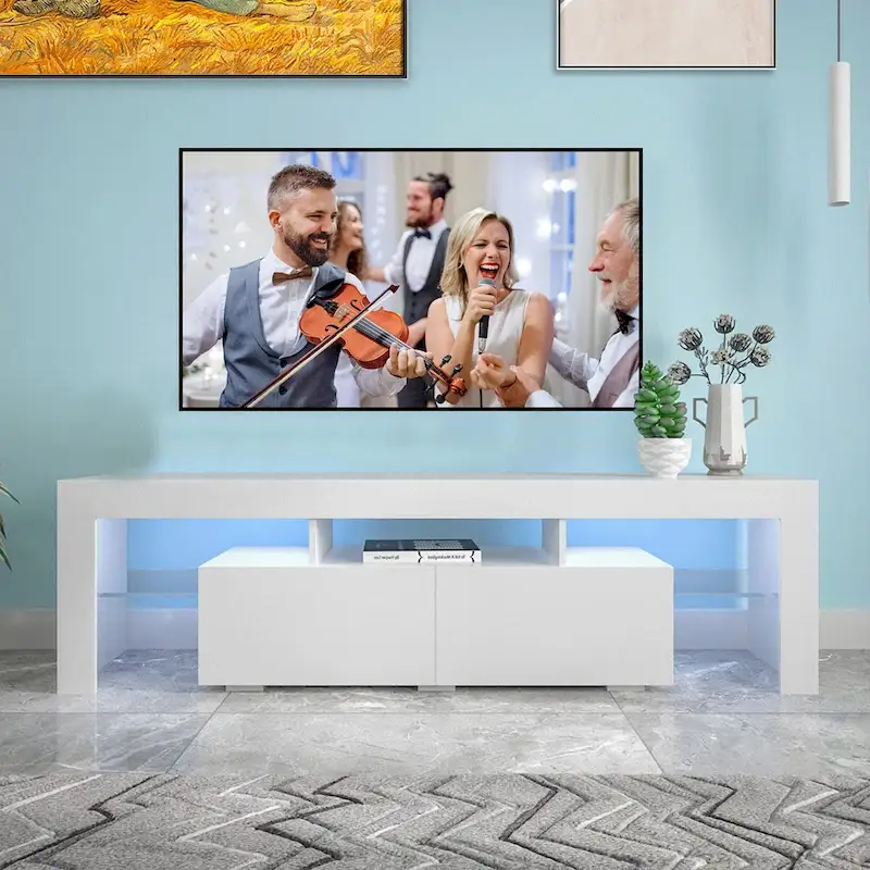 Modern TV Stand up to 70 TV with 2 Drawers & Shelves, LED Lights - 63W x 14D x 18H