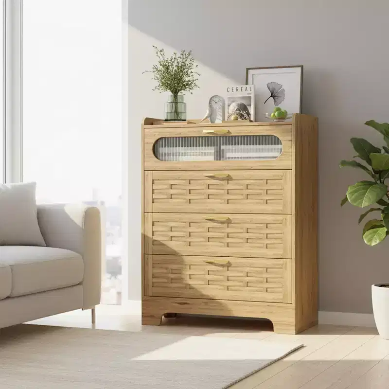Homy Casa 4-Drawer Wood Dresser Storage Cabinet, Natural, MDF