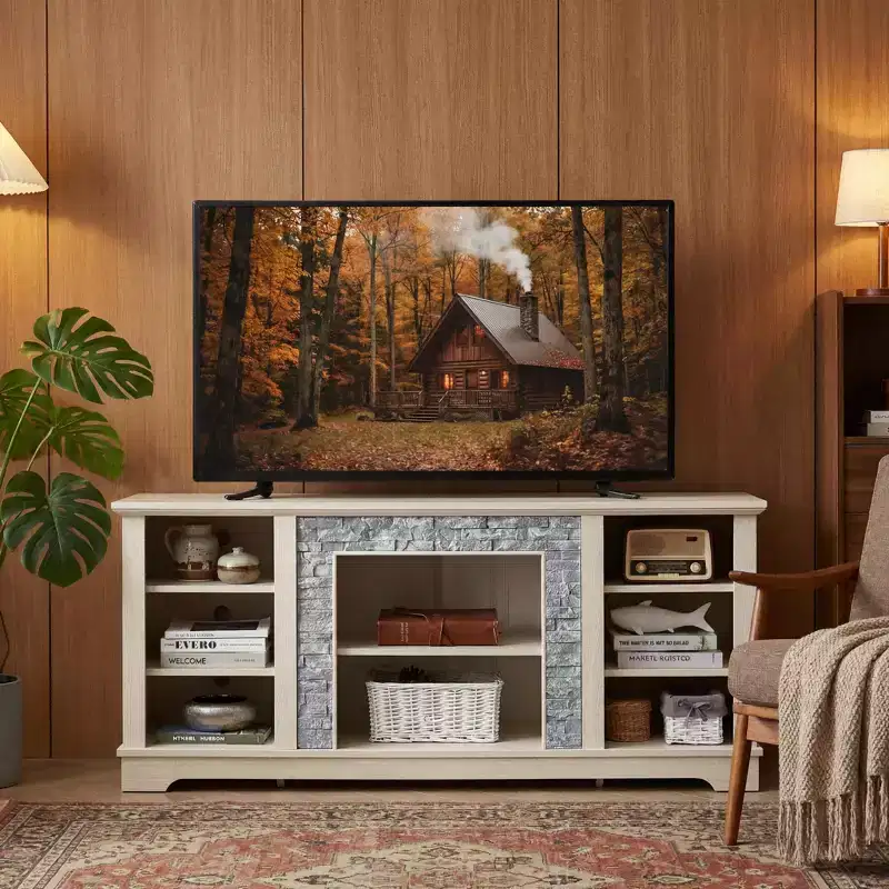 Natural Finish Open Shelf TV Stand, White, Fits up to 65 TV, 1-Person Assembly
