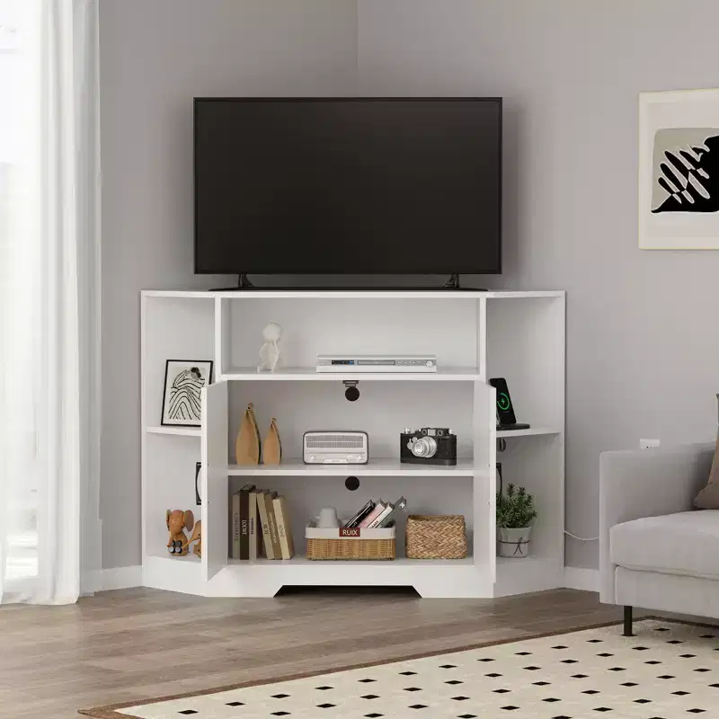 Corner TV Stand for 55-Inch TVs,Modern Entertainment Center with Storage Cabinets & Barn Doors, Media Console Table for Living Room,Bedroom