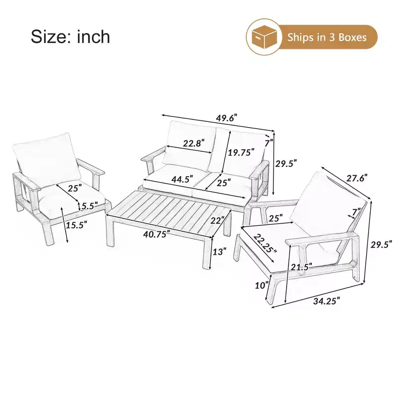 Bestier Acacia Wood Patio Sofa Set for 4 with Cushions & Coffee Table, Modern Patio Furniture