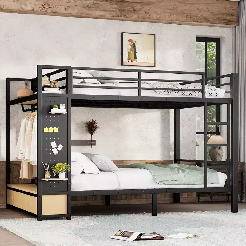 Bellemave Queen over Queen Size Bunk Bed with Open Wardrobe, Drawers & Storage Shelves, Metal Bed Frame with Pegboard, Black