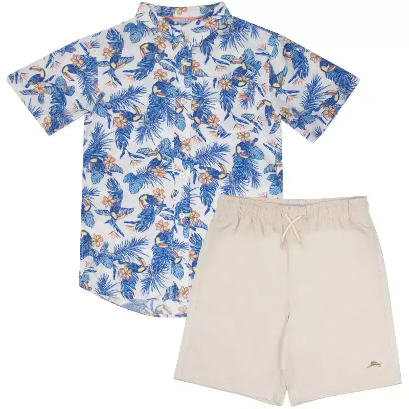 Tommy Bahama Big Boys Button Down Short Sleeve Hawaiian Elastic Woven Shirt and Short Set