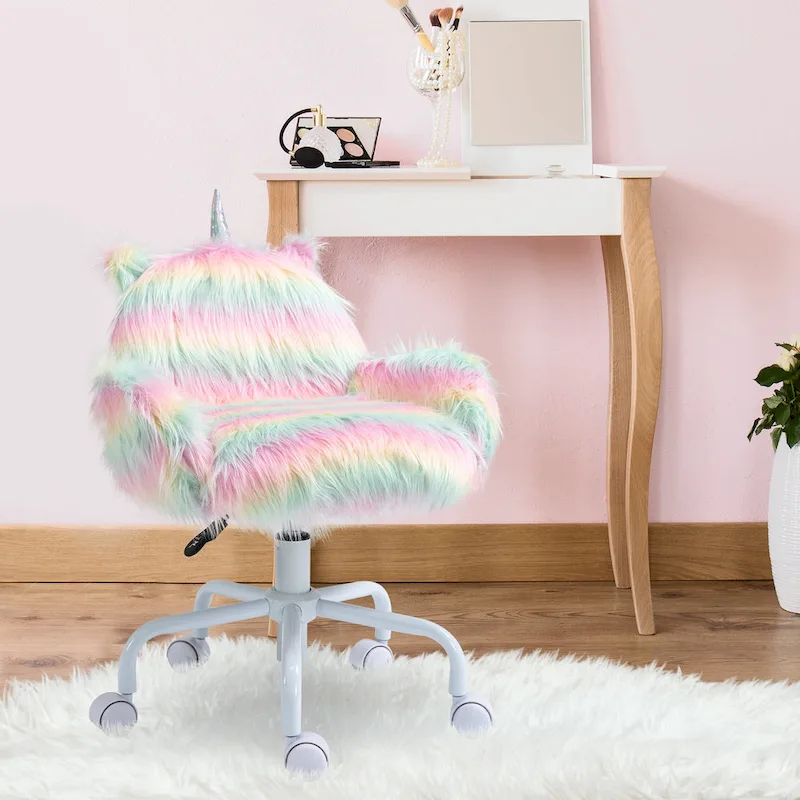 Fluffy Unicorn Office Chair with Mid-Back and Armrest Support, 5 Star Swivel Wheel White Base, Rainbow - Multi-colored