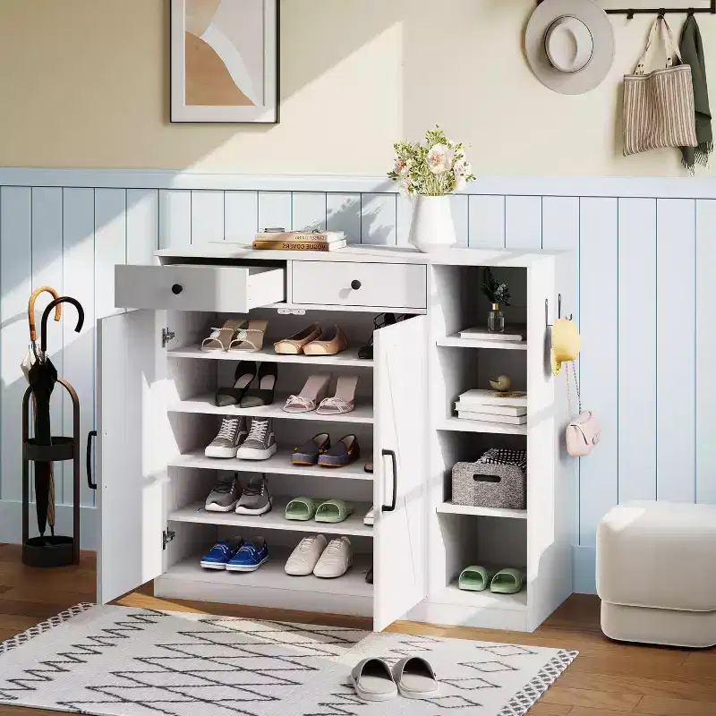 Shoe Storage Cabinet, Modern Farmhouse Shoe Rack Organizer with 6 Adjustable Shelves & 2 Drawers, Freestanding Entryway Cabinet for Home Office