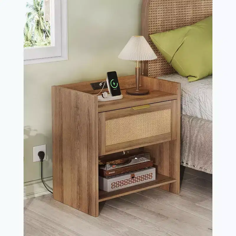 BALHAM TRADE-Set 2 Boho Night Stand Sets with Charging Station Rattan Bedside Tables Set with Storage