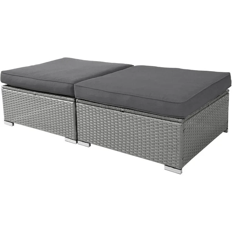 2 Pieces Outdoor Patio Rattan Grey Wicker Ottoman Cushioned Seat