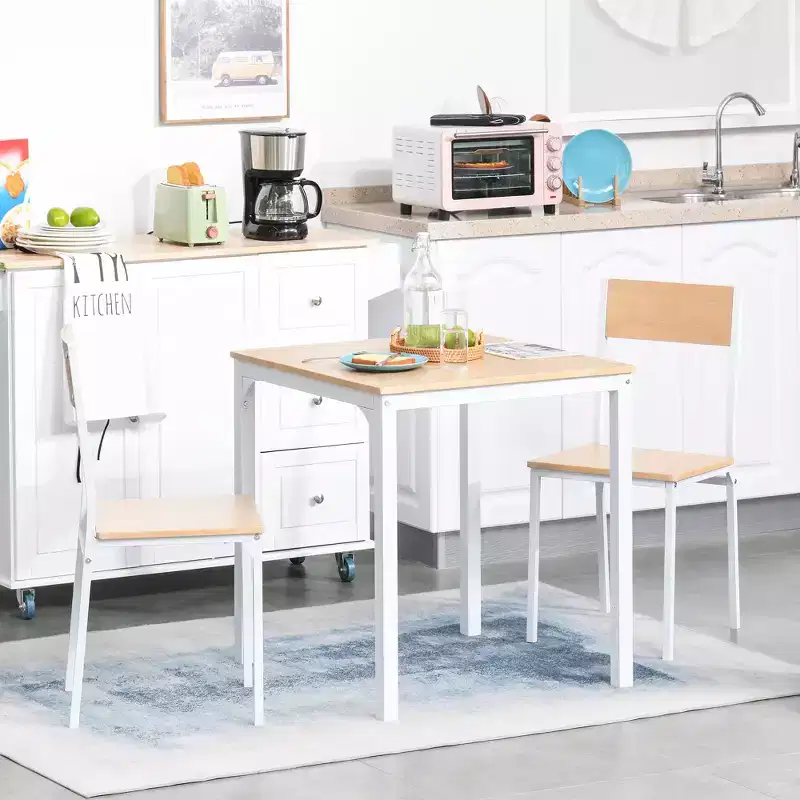 HOMCOM 3-Piece Wooden Square Dining Table Set with 1 Table and 2 Chairs and Sturdy Metal Frame for Small Space, White
