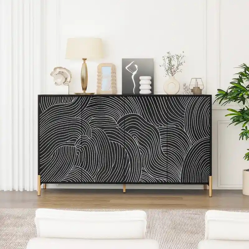 Carved 4 Door Sideboard, Sideboard Buffet Cabinet With Storage, Storage Cabinet with Adjustable Shelf for Living room