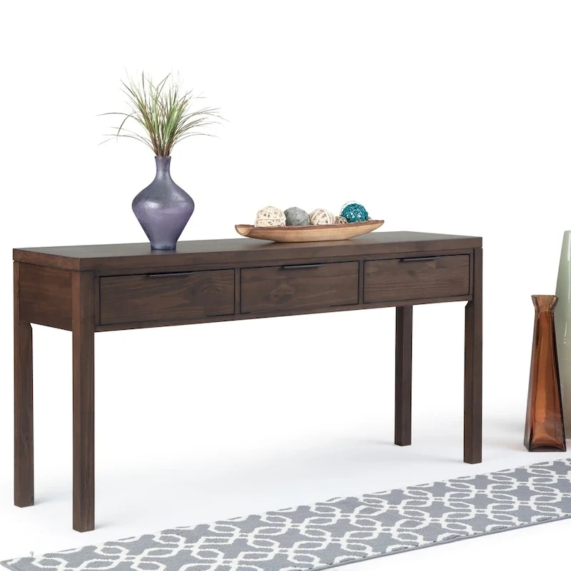 60-Inch Wide Solid Wood Contemporary 3-Drawer Console Table in Warm Walnut Brown