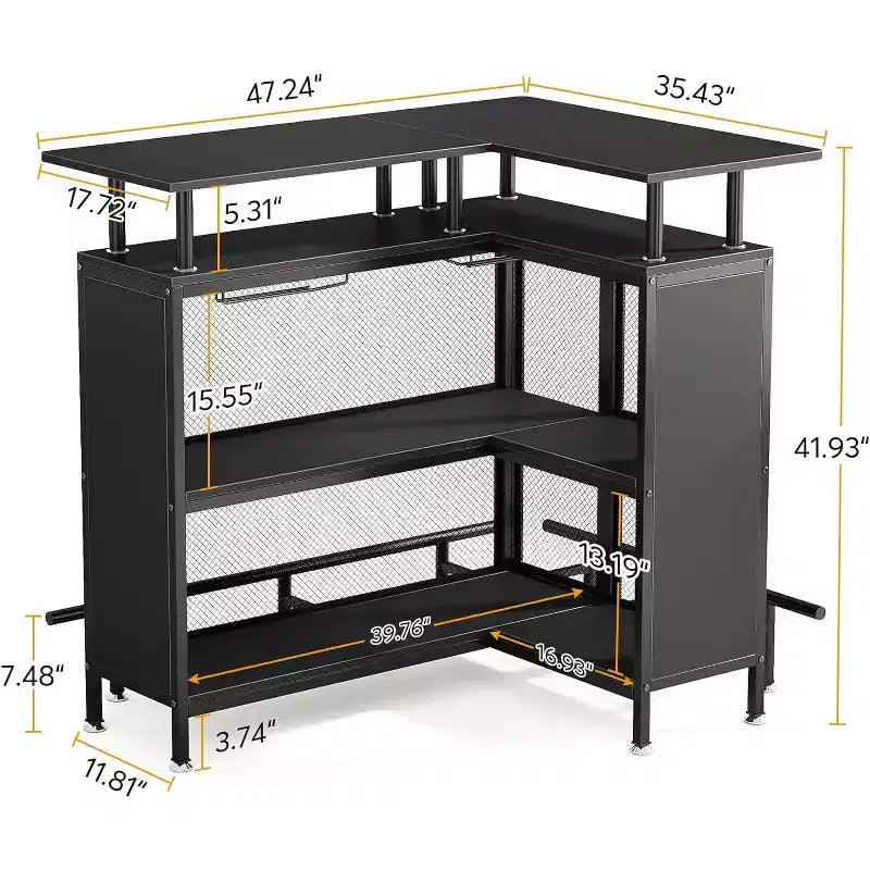 2-Tier L-Shaped Home Bar Unit �C Stemware Racks, Open Shelves, Metal Mesh