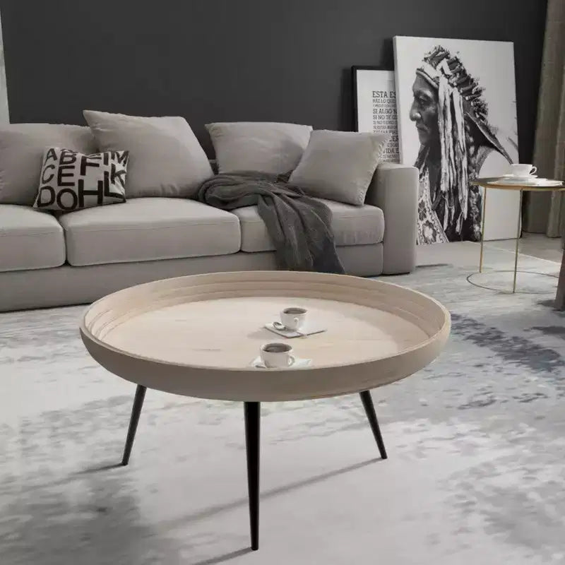 Coffee Table Round Tray Top Handcrafted Washed White Mango Wood, 30 Inch