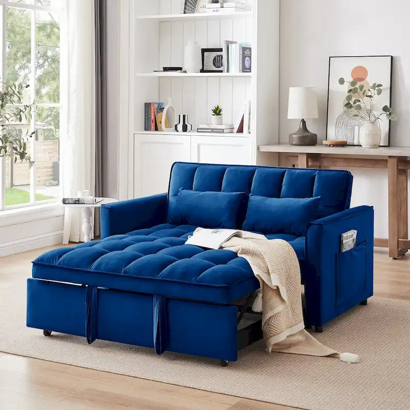 55.1-inch 3-in-1 convertible,modern velvet double sofa Futon sofa bed with adjustable back, storage bag and pillow