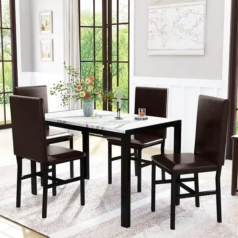 Modern Faux Marble 5 Pieces Kitchen Dining Set with 4 Cushion PU Leather Chairs