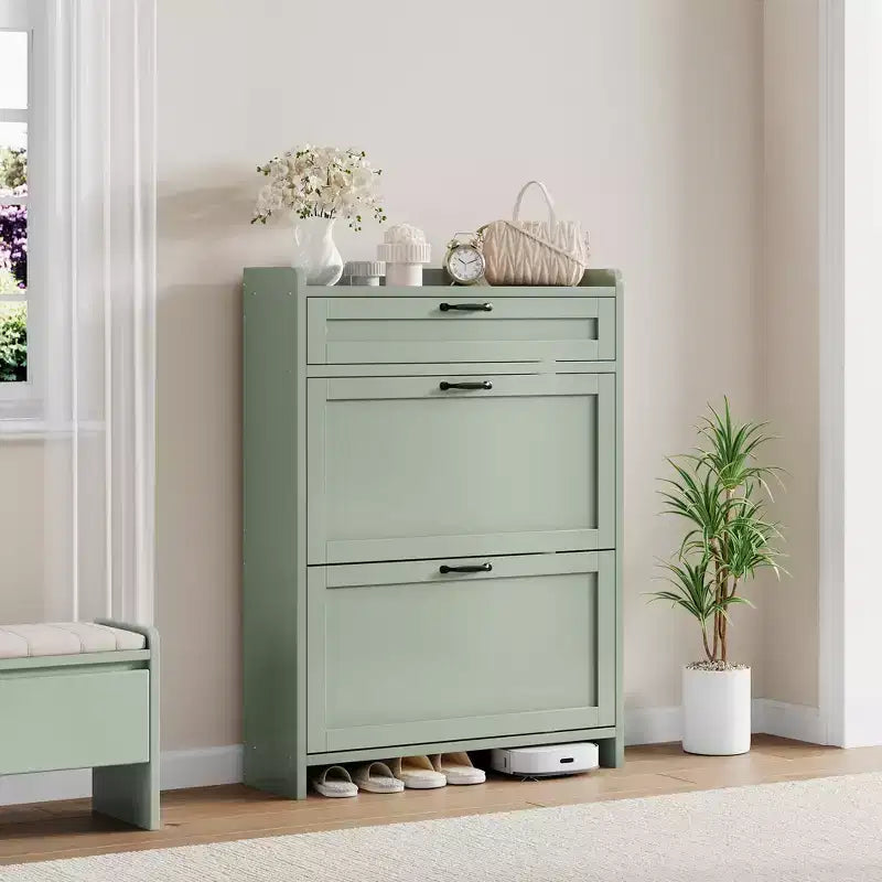 Shoe Cabinet with Flip Drawers & Top Drawer, Wood Hidden Storage, Freestanding Narrow Organizer for Hallway, Living Room