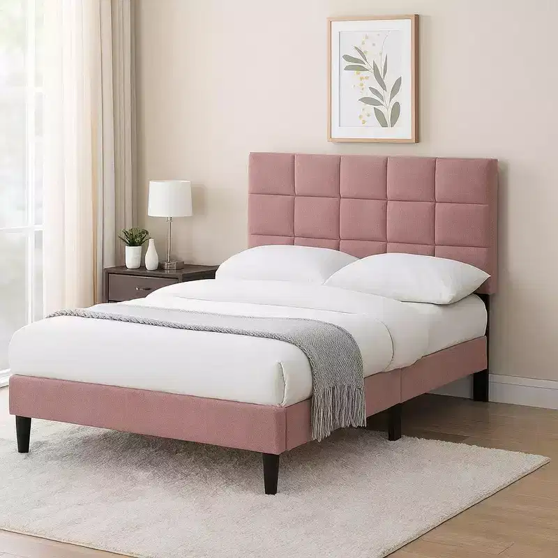 Royal Hampton Full Bed, Tufted Pink Linen Upholstery, Biscuit Tufted Stitch