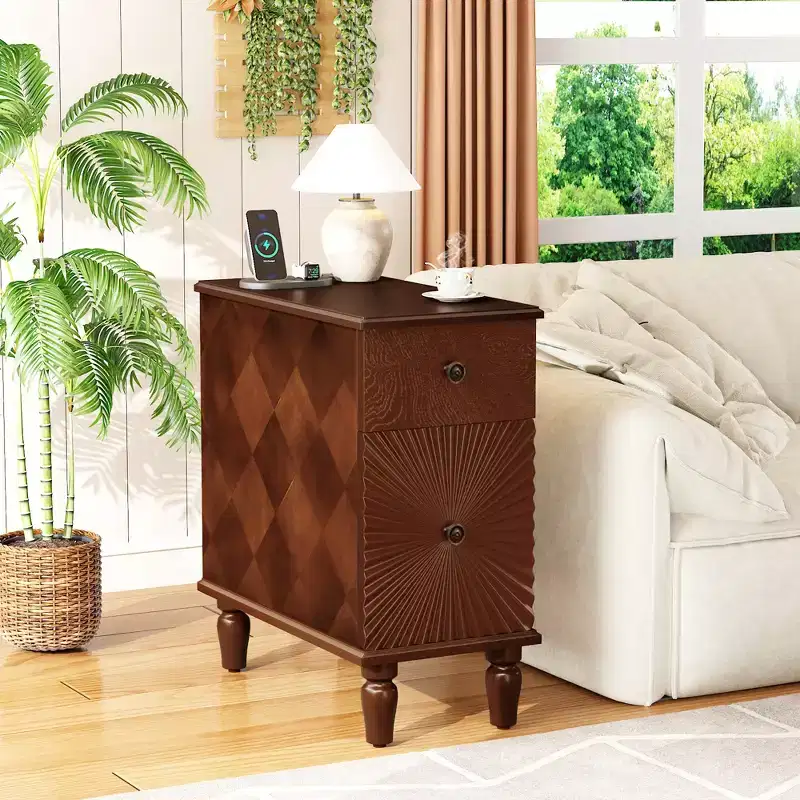 sumyeg Modern Slim Side Table with 2 Drawers Narrow Nightstand