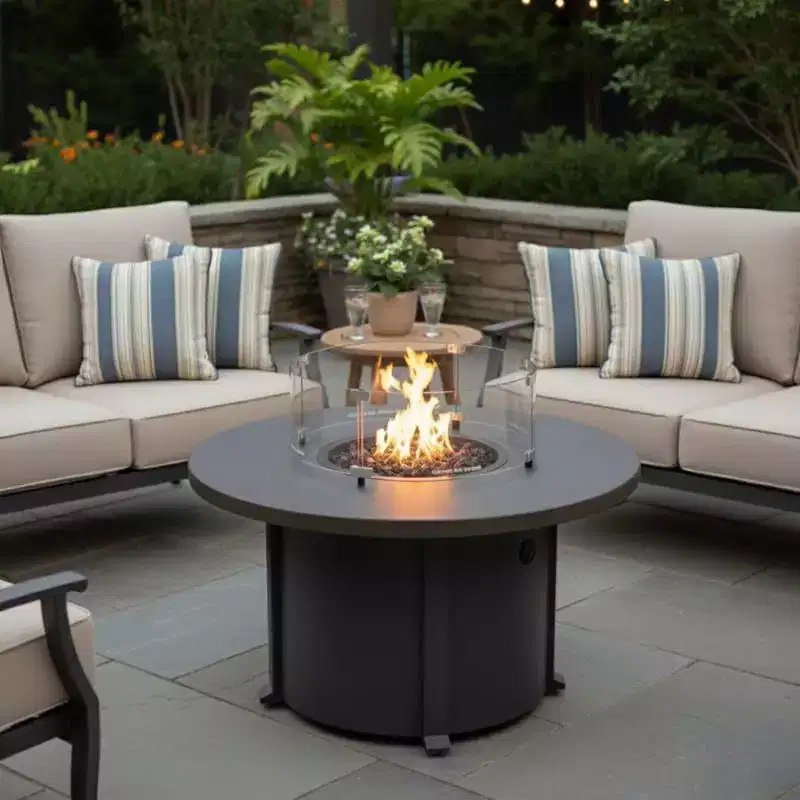 Covers&All 42 in Round Propane Fire Table, CalSil Gunmetal Finish w / Windscreen & Glass