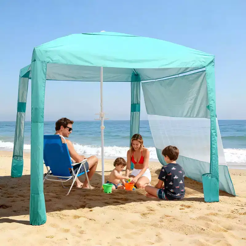 VEVOR Beach Cabana, 8 x 8 ft Beach Canopy with Side Wall, UPF 50+ Protection Easy Setup Cabana Tent with Sand Pockets, Adjustable Height, Green