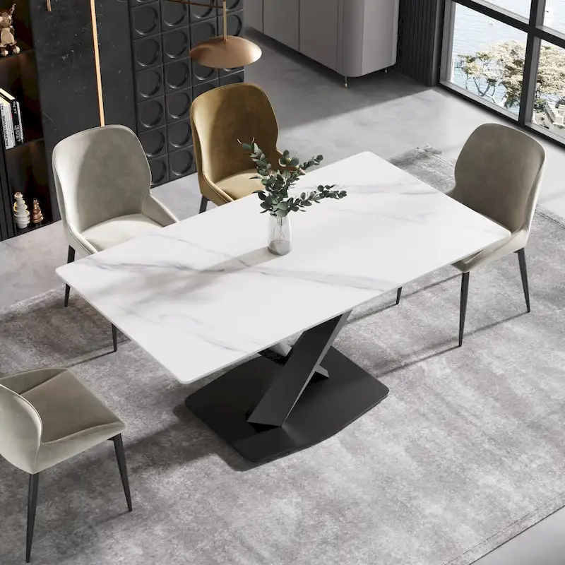 63-inch Modern Dining Table with White Sintered Stone Tabletop and Violet Steel Base