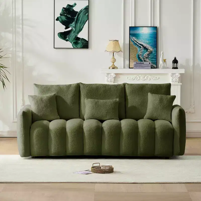 MAYEERTY 78 inch Premium Teddy Fabric Sofa with 3 Back Pillows and 3 Back Cushions Solid Wood Frame 3 Seat Sofa with Oversized Upholstered Chair Green