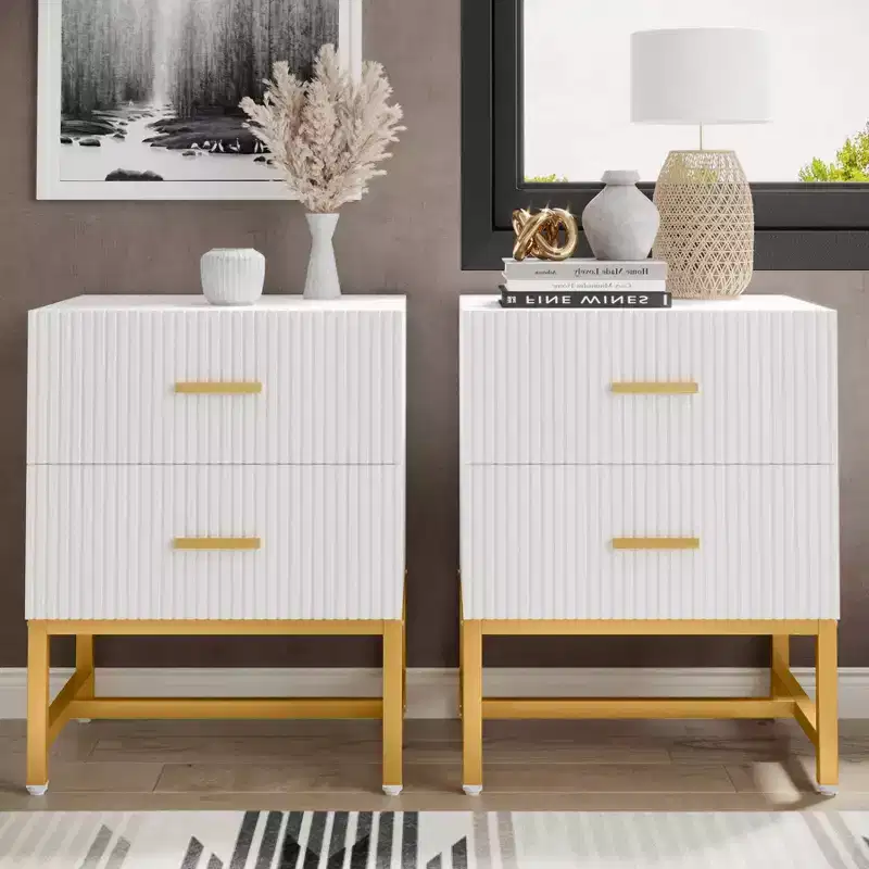 Modern Fluted Nightstand | White | Bedside Table with Storage