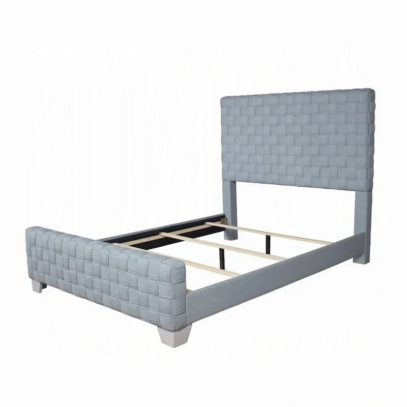 King Size Upholstered Bed Frame, Light Teal Blue Chenille, Gray Woven Panel